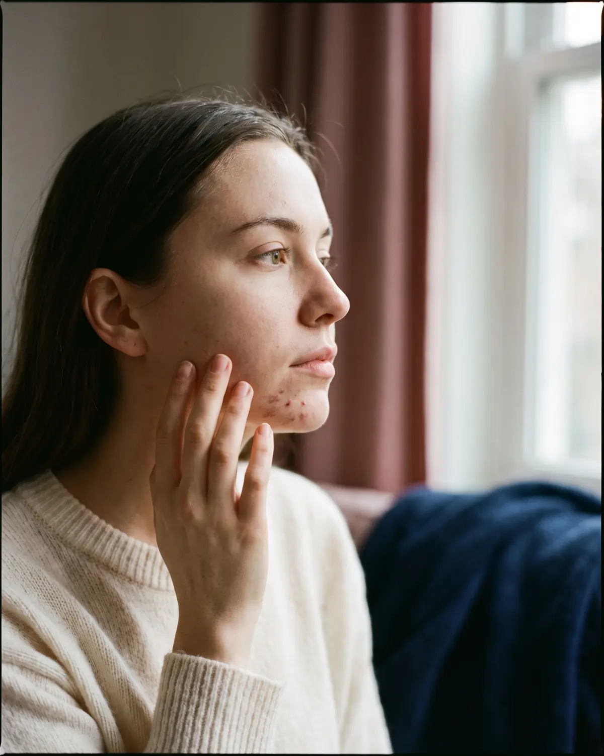 Vrouw met hormonale acné langs de kaaklijn