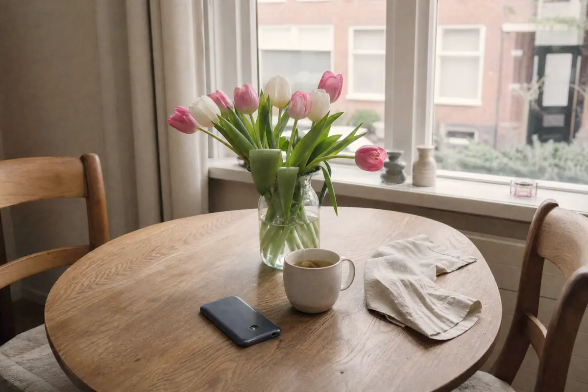 Ronde eettafel bij het raam met een vaas roze en witte tulpen en een kop thee