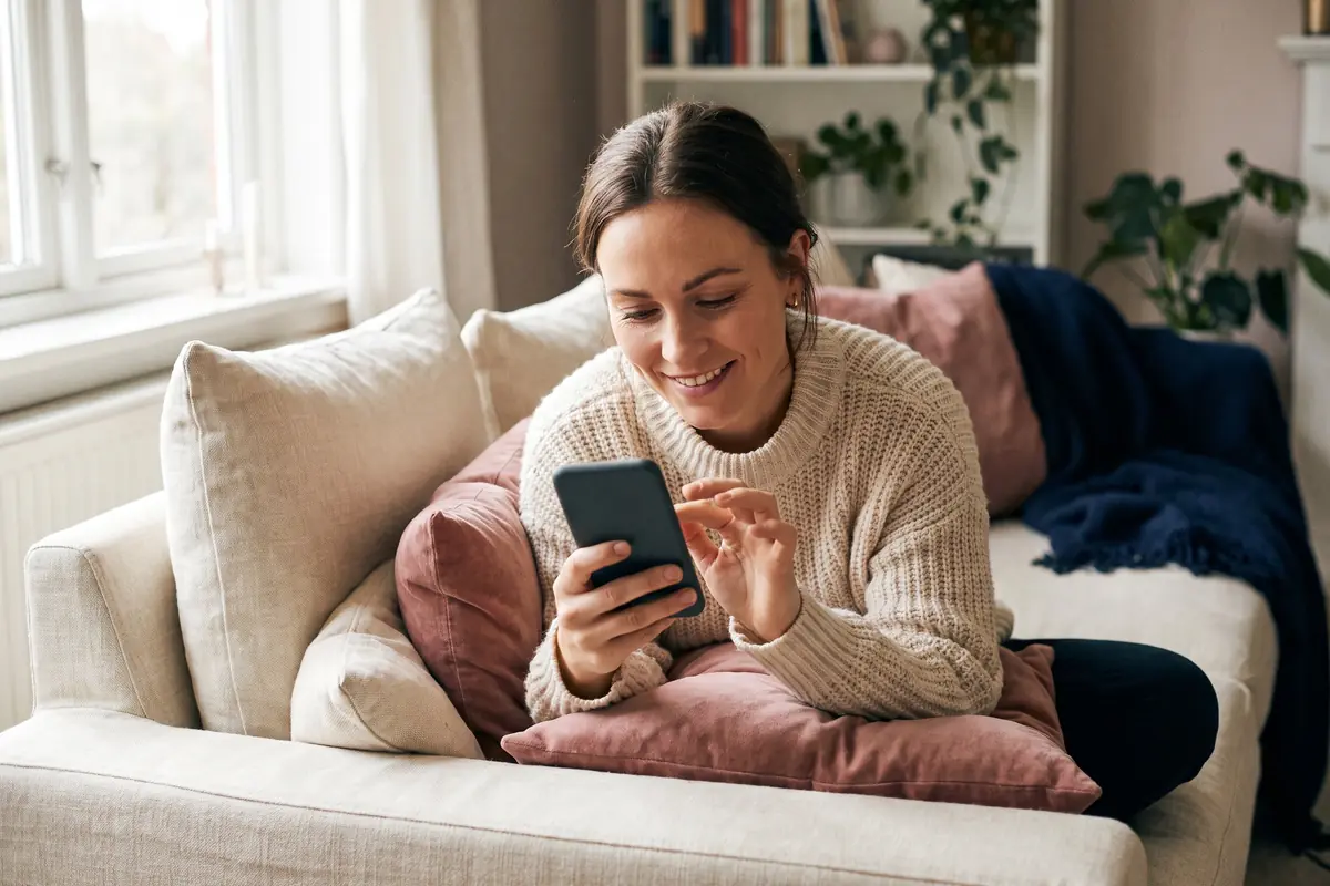 Vrouw op de bank typt glimlachend een bericht op haar telefoon
