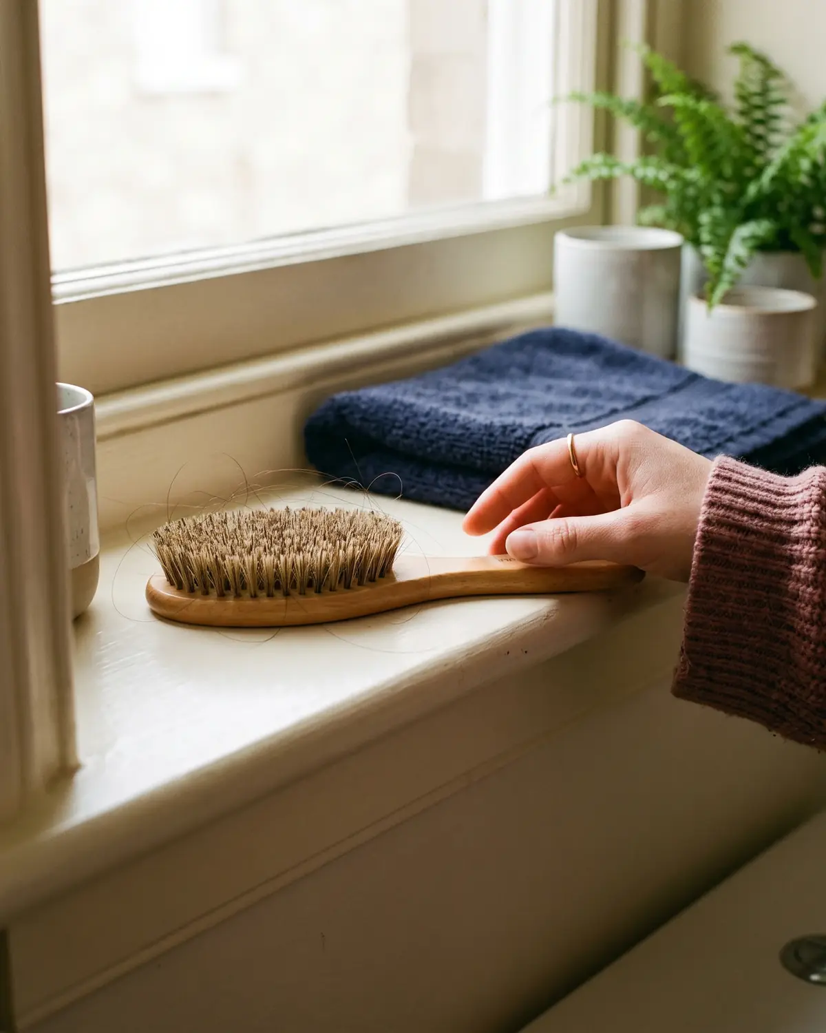 Hand pakt een houten haarborstel met een paar uitgevallen haren
