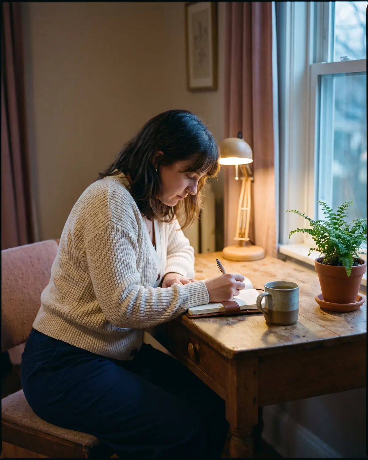 Vrouw schrijft in een notitieboek bij lamplicht met een kop thee