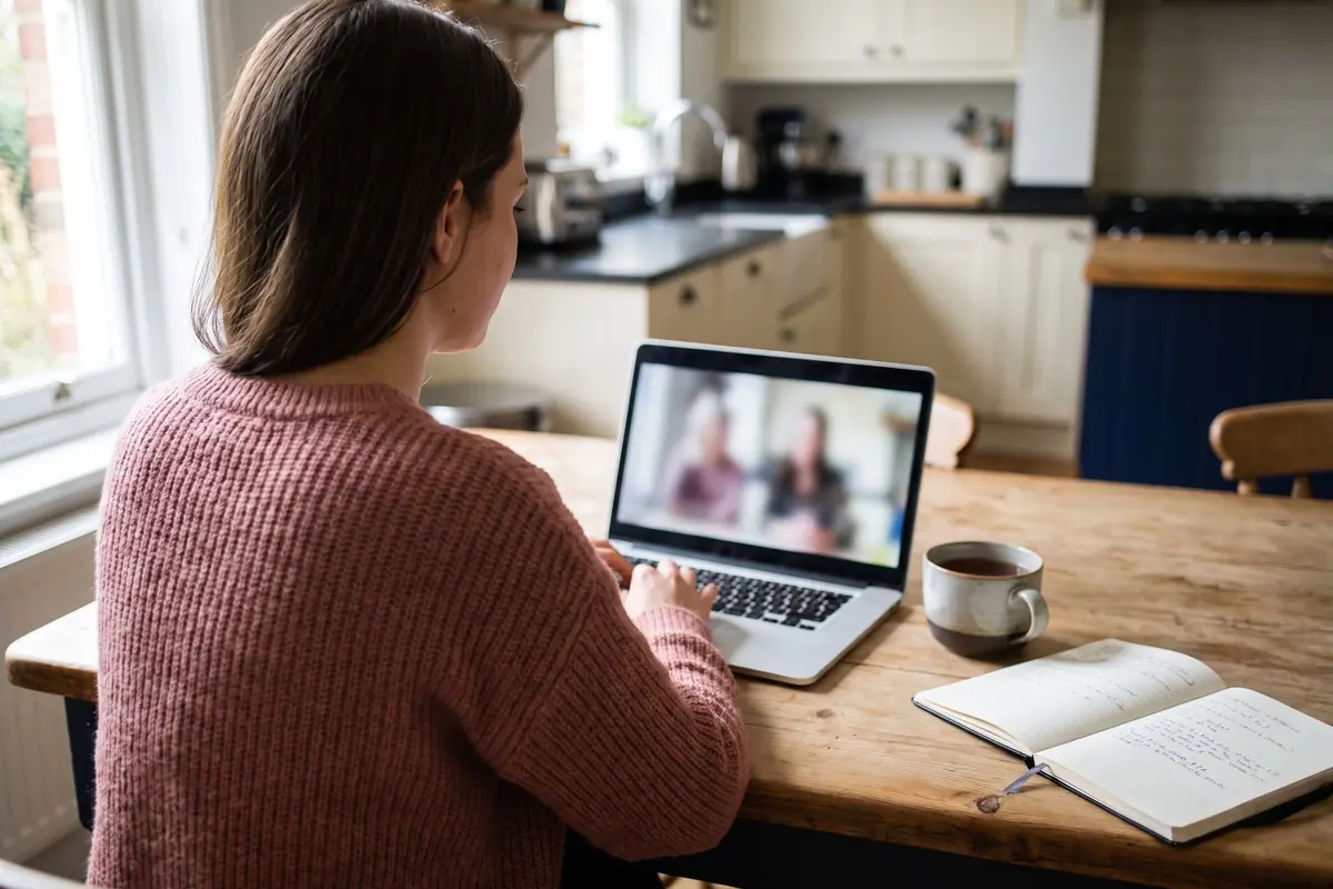 Vrouw in gesprek via videobellen aan de keukentafel