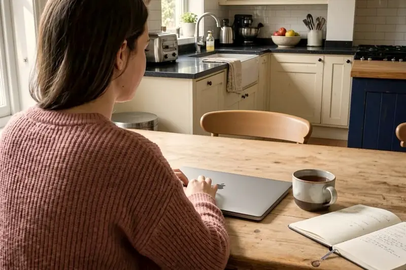 Cliënt aan de keukentafel met haar laptop, een kop thee en een notitieboek