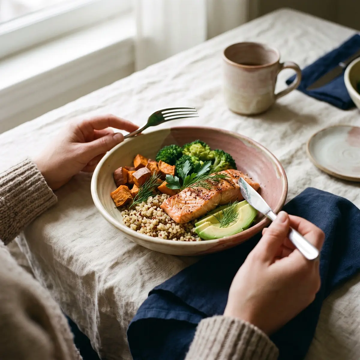 Gevarieerde lunchbowl met zalm, quinoa, groenten en avocado